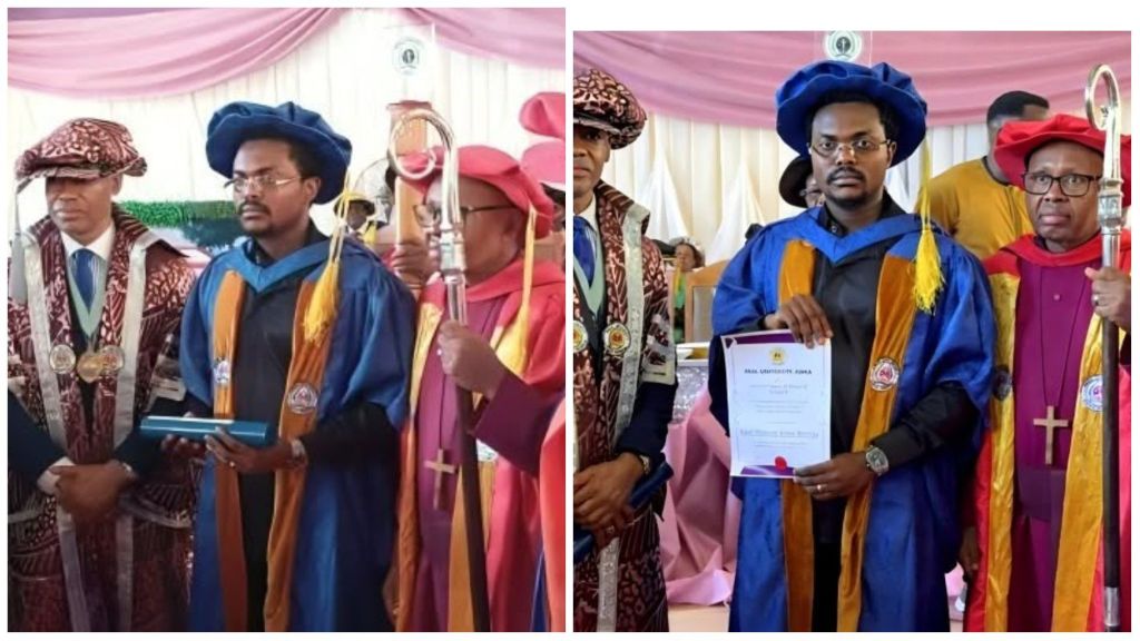 Businessman Blord (Linus Williams Ifejika) stands in academic regalia as Paul University confers an honorary doctorate degree upon him during a formal ceremony in Awka, Anambra State. He is pictured holding his certificate alongside the vice chancellor and other university officials dressed in ceremonial robes.