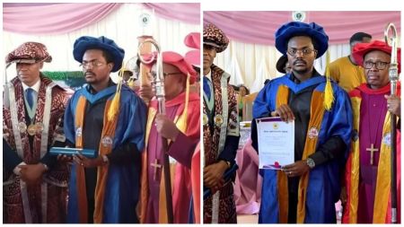 Businessman Blord (Linus Williams Ifejika) stands in academic regalia as Paul University confers an honorary doctorate degree upon him during a formal ceremony in Awka, Anambra State. He is pictured holding his certificate alongside the vice chancellor and other university officials dressed in ceremonial robes.