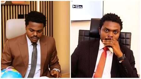 BLord (Linus Williams Ifejika) seen in two professional portraits seated at an office desk — in the first, he wears a brown suit and reads documents beside a globe; in the second, he wears a dark striped suit with a red tie, resting his chin on his hand in a thoughtful pose.