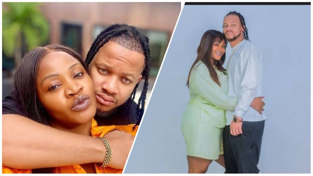 Actor Bobby Maris poses affectionately with his wife, actress Uche Ogbodo, in a collage of two photos showing the couple sharing a close moment outdoors and another portrait in coordinated outfits.