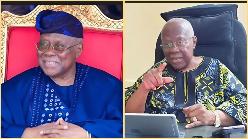 Side-by-side photos of Nigerian politician Bode George. On the left, he smiles while seated on a red throne chair wearing a royal blue agbada and cap. On the right, he gestures and speaks during an interview, dressed in a patterned black and yellow traditional outfit at a desk with a tablet in front of him.