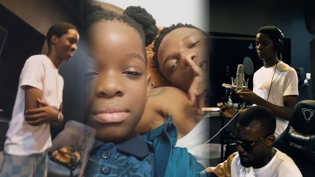 Collage showing Wizkid’s son Boluwatife Balogun in the studio, recording music, and posing with Wizkid.