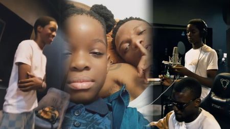 Collage showing Wizkid’s son Boluwatife Balogun in the studio, recording music, and posing with Wizkid.