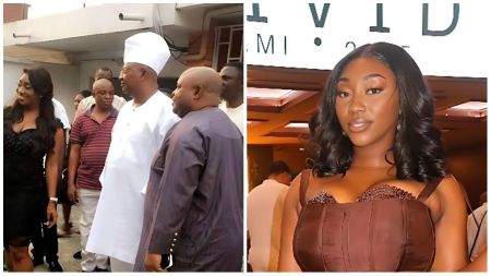 Brenda Adeleke spotted smiling in a stylish brown dress at an indoor event, while the other frame shows Governor Ademola Adeleke dressed in white traditional attire interacting with guests outdoors.