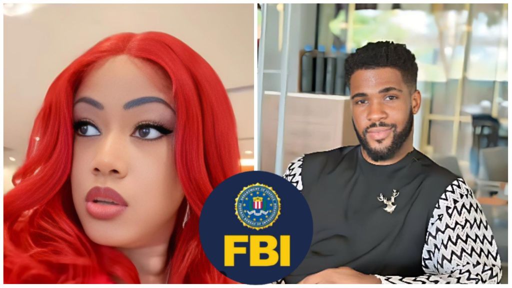 A collage showing Bright Morgan’s ex-girlfriend and the FBI emblem at the centre. On the left, a woman with long red hair and bold makeup gazes sideways indoors. On the right, Bright Morgan sits in a modern setting wearing a patterned black and white outfit, smiling slightly. The official FBI logo is placed between both images, symbolising an alleged legal issue.