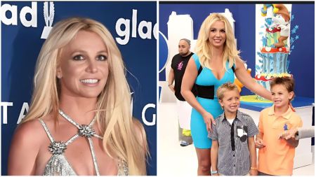 Side-by-side images of American singer Britney Spears smiling at a red-carpet event on the left, and posing with her two young sons at a colourful birthday party setting on the right.