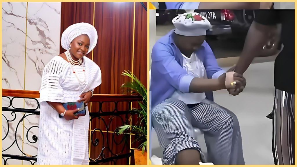 Side-by-side collage showing Nigerian gospel singer Bunmi Akinnaanu. On the left, she poses in a white traditional outfit with coral beads and a clutch bag, smiling at the camera. On the right, she appears emotional and seated during a healing prayer session, wearing a blue blouse, patterned trousers, and a white headscarf, holding someone’s hand for support.