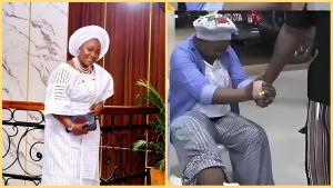 Side-by-side collage showing Nigerian gospel singer Bunmi Akinnaanu. On the left, she poses in a white traditional outfit with coral beads and a clutch bag, smiling at the camera. On the right, she appears emotional and seated during a healing prayer session, wearing a blue blouse, patterned trousers, and a white headscarf, holding someone’s hand for support.