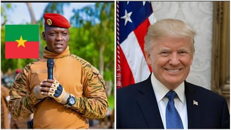 A side-by-side image showing Burkina Faso’s military leader dressed in camouflage uniform and a red beret, holding a microphone beside the Burkina Faso flag, while former U.S. president Donald Trump smiles in a formal suit and blue tie in front of the American flag.