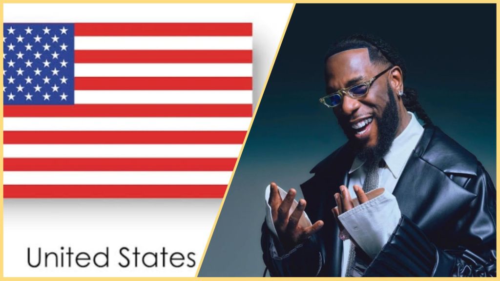 Split image showing the United States flag on the left and Nigerian singer Burna Boy smiling in a black leather jacket on the right, symbolising his contrast between life in America and freedom in Nigeria