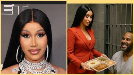 Cardi B wearing a red suit serves a food tray to R. Kelly inside a prison cell while he smiles appreciatively.