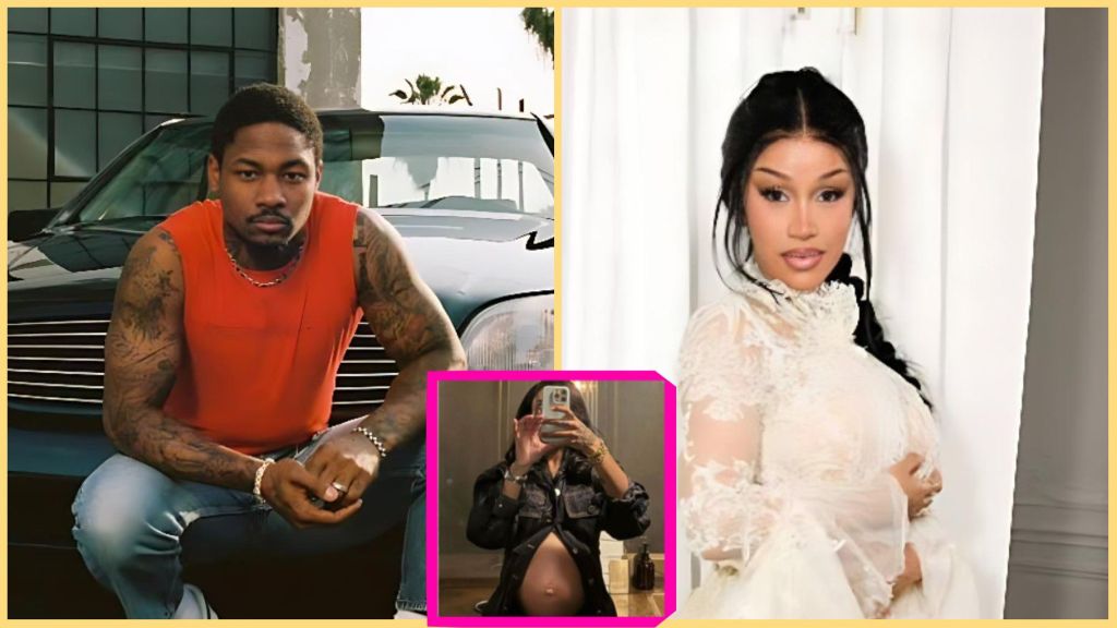 Split photo collage showing Stefon Diggs seated in front of a car wearing an orange sleeveless shirt, Cardi B dressed in a white lace outfit holding her baby bump, and an inset image of a woman showing her pregnant belly in a mirror selfie.