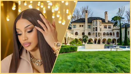 Side-by-side collage showing Cardi B posing with sleek straight hair and gold jewellery on the left, and a large cream-coloured mansion with manicured lawns and arched windows on the right.
