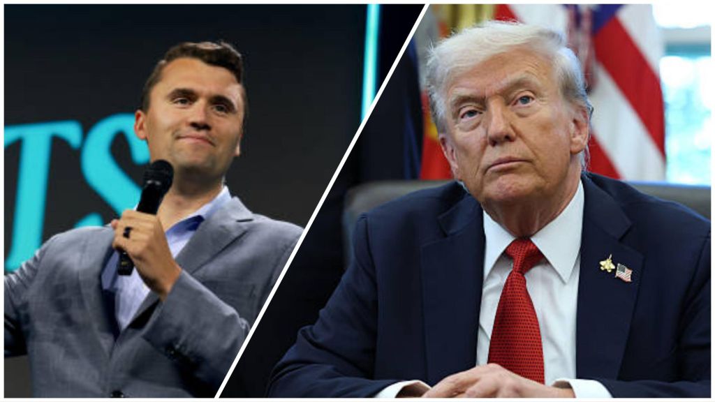 Side-by-side photo of American conservative activist Charlie Kirk holding a microphone during a public event and former U.S. president Donald Trump seated in a suit with a red tie, looking ahead seriously.