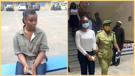 Chidinma Ojukwu, the young woman accused of killing Super TV CEO Usifo Ataga, appears in two different scenes — on the left, she sits quietly on a blue bench at a police facility in Lagos; on the right, she walks in handcuffs beside a female correctional officer while being escorted into a courtroom during her ongoing murder trial