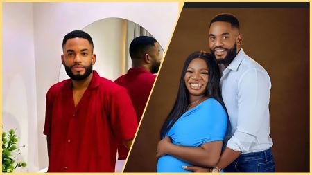 Side-by-side collage showing Nigerian content creator Chike Daniels. The left photo captures him in a red shirt posing indoors, while the right photo features him smiling beside his pregnant wife, who wears a bright blue dress.