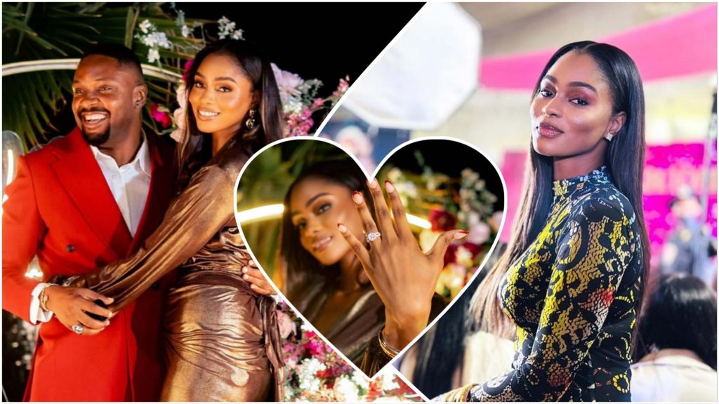 BBNaija star Cross smiles as he poses with his fiancée, Chinonso Patricia Onyebuchi, during their engagement celebration. The collage shows the couple embracing, Chinonso flaunting her engagement ring, and another solo shot of her in a stylish patterned dress.