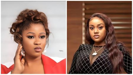 Davido’s wife, Chioma Adeleke, and BBNaija Season 10 winner, Imisi, pictured in separate portraits — Chioma in a black patterned outfit with soft waves, and Imisi in a red and white ensemble with statement earrings and styled curls.