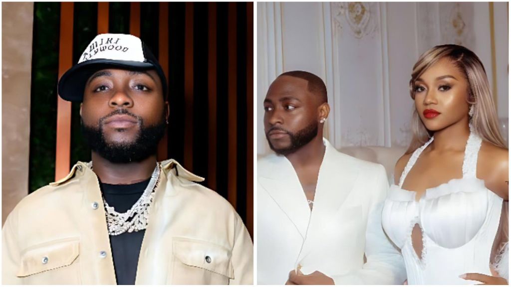 Nigerian singer Davido wearing a cream jacket and black cap in the first frame, alongside a second photo of him dressed in a white suit beside his wife Chioma, who wears a white gown, both posing elegantly indoors.
