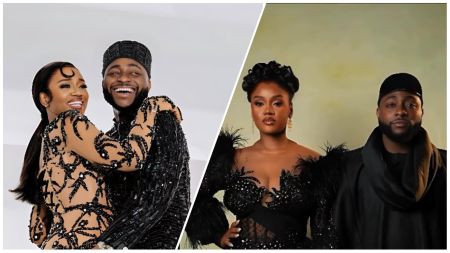 Nigerian singer Davido and his wife Chioma pose in two elegant black-themed photoshoots, showcasing matching outfits and radiant smiles in one frame and a composed, regal look in the other.