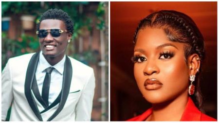 Side-by-side portrait of BBNaija housemates Chizzy Francis wearing a white suit and black tie with sunglasses, and Phyna in a red outfit with elegant makeup and jewellery.