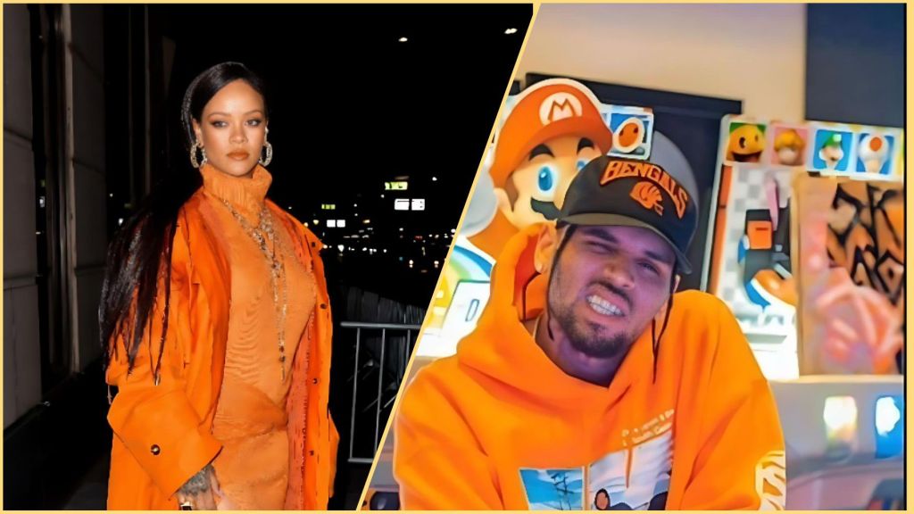 Split image of Rihanna and Chris Brown — Rihanna poses outdoors at night in an orange outfit and coat, while Chris Brown wears an orange hoodie and black cap indoors beside colourful decor.
