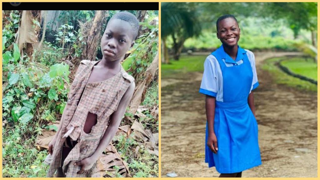Before and after photos of Christiana, a young girl rescued in Akwa Ibom. The first image shows her in a torn dress, standing in a bushy area and looking distressed. The second image shows her smiling brightly in a neat blue school uniform, symbolising her recovery and return to school