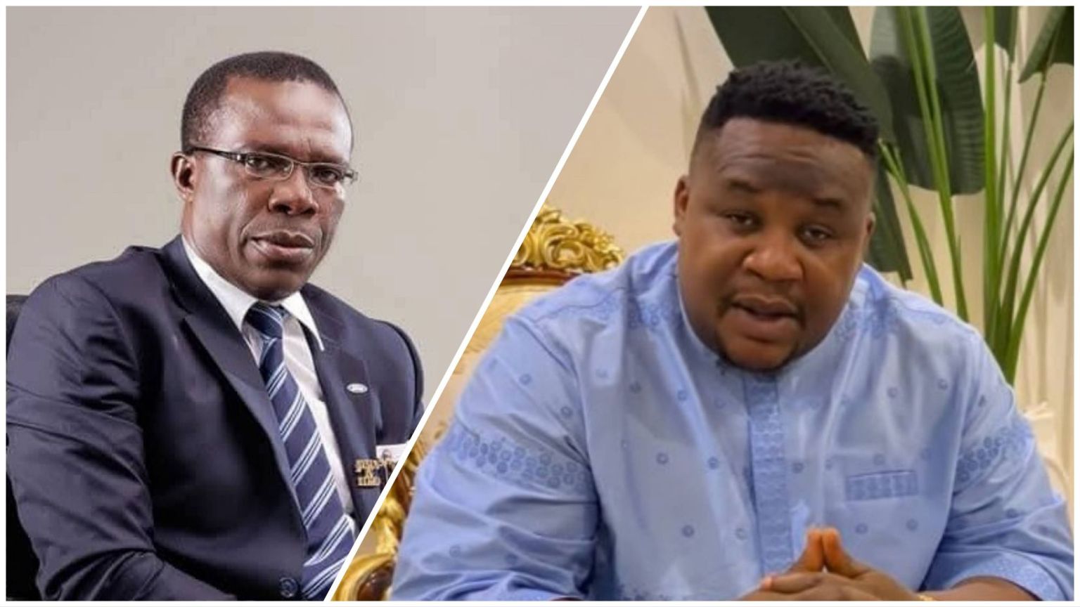 Split-image collage: left panel shows a bespectacled man in a navy suit and striped tie against a plain backdrop; right panel shows a man in a light-blue embroidered kaftan speaking indoors on a gold-trimmed chair with tall plants behind.