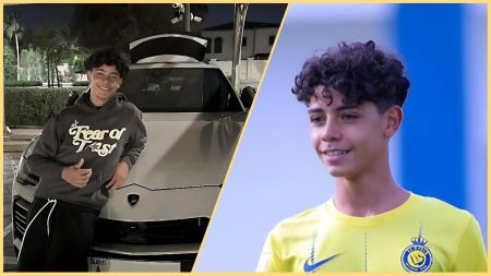 Side-by-side photos of Cristiano Ronaldo Jr; on the left he leans against a white Lamborghini Urus at night, smiling and giving a thumbs-up, and on the right he is seen in a yellow Al-Nassr academy jersey, also smiling.