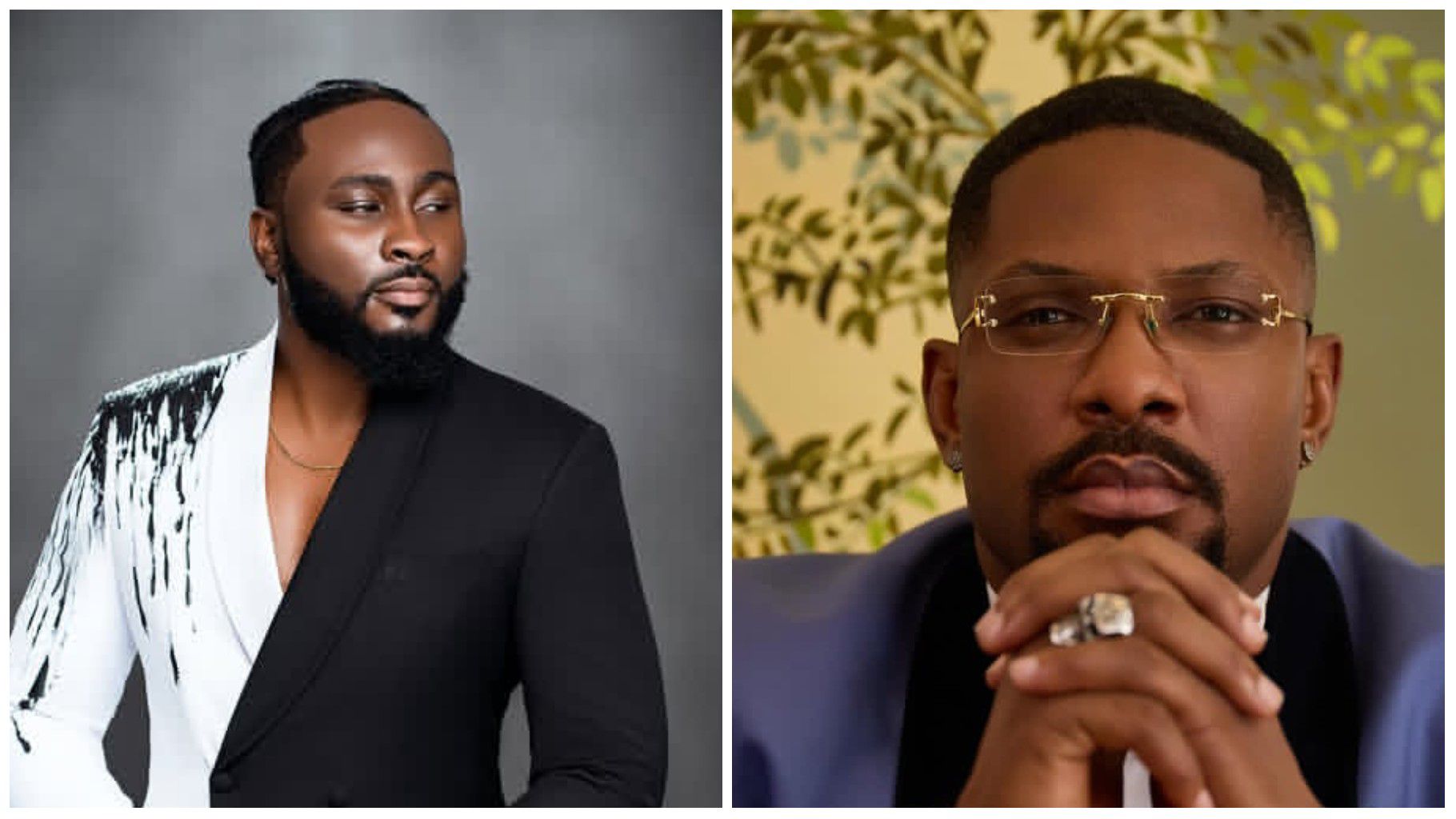 Side-by-side collage of Pere Egbi and Cross Okonkwo. On the left, Pere wears a stylish black-and-white suit while looking away from the camera. On the right, Cross poses with glasses and a serious look, resting his chin on clasped hands.