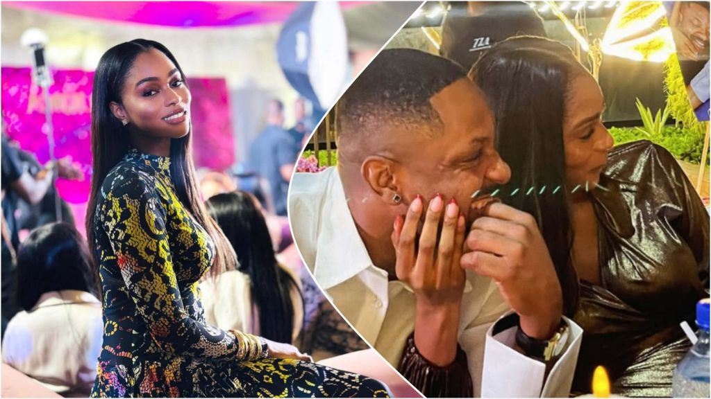 Side-by-side collage showing BBNaija star Cross and his fiancée Chinonso Patricia Onyebuchi. On the left, Chinonso smiles gracefully in a patterned long-sleeve dress at an event. On the right, Cross and Chinonso share a playful, intimate moment at a dinner, smiling closely at each other under warm lights.