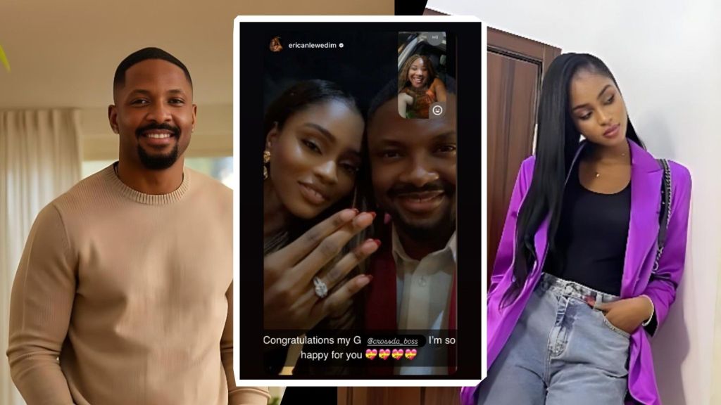 BBNaija star Cross smiles in a beige sweater, alongside a photo collage showing him with his fiancée flashing her engagement ring, and another image of his girlfriend in a purple blazer and jeans.