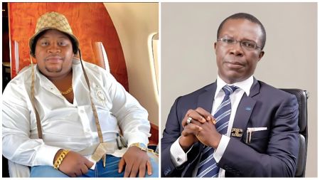 Side-by-side photo of Cubana Chief Priest seated inside a private jet wearing a white shirt, gold chain, and Gucci bucket hat, next to billionaire Cosmas Maduka in a navy suit and striped tie posing with clasped hands against a plain background.