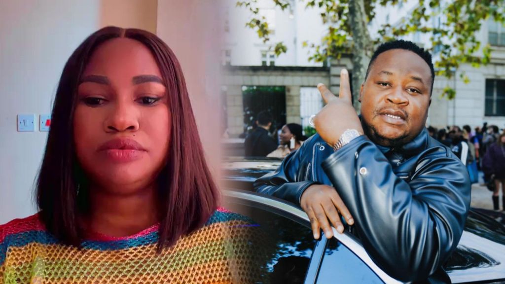 Side-by-side photo showing Kenyan woman Hellen Ati on the left wearing a colourful mesh top and Nigerian nightlife entrepreneur Cubana Chiefpriest on the right posing beside a car in a black leather outfit.