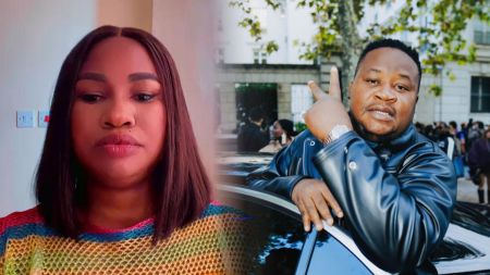 Side-by-side photo showing Kenyan woman Hellen Ati on the left wearing a colourful mesh top and Nigerian nightlife entrepreneur Cubana Chiefpriest on the right posing beside a car in a black leather outfit.