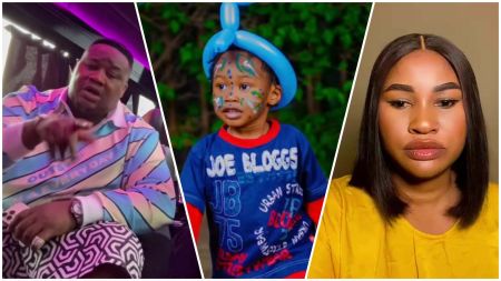 Photo collage showing Nigerian socialite Cubana Chief Priest on the left, a young boy wearing a blue balloon hat and a “Joe Bloggs” shirt in the centre, and a woman in a yellow top—alleged to be the Kenyan lady—on the right.