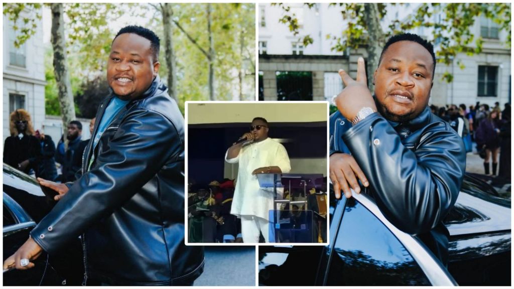 Collage of Cubana Chief Priest in different settings — wearing a black leather jacket outdoors and speaking on stage in a white outfit during a public event.