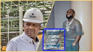 Aliko Dangote wearing a white safety helmet at an industrial site, beside a smiling Davido dressed in a transparent designer outfit, with an inset image showing several commercial airplanes lined up on an airport tarmac