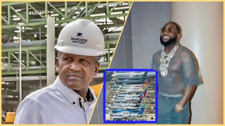 Aliko Dangote wearing a white safety helmet at an industrial site, beside a smiling Davido dressed in a transparent designer outfit, with an inset image showing several commercial airplanes lined up on an airport tarmac