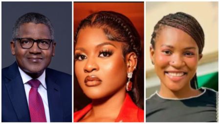 Collage photo of Aliko Dangote in a suit and red tie, BBNaija star Phyna in a red outfit with bold makeup, and her sister Ruth smiling in a casual outfit.