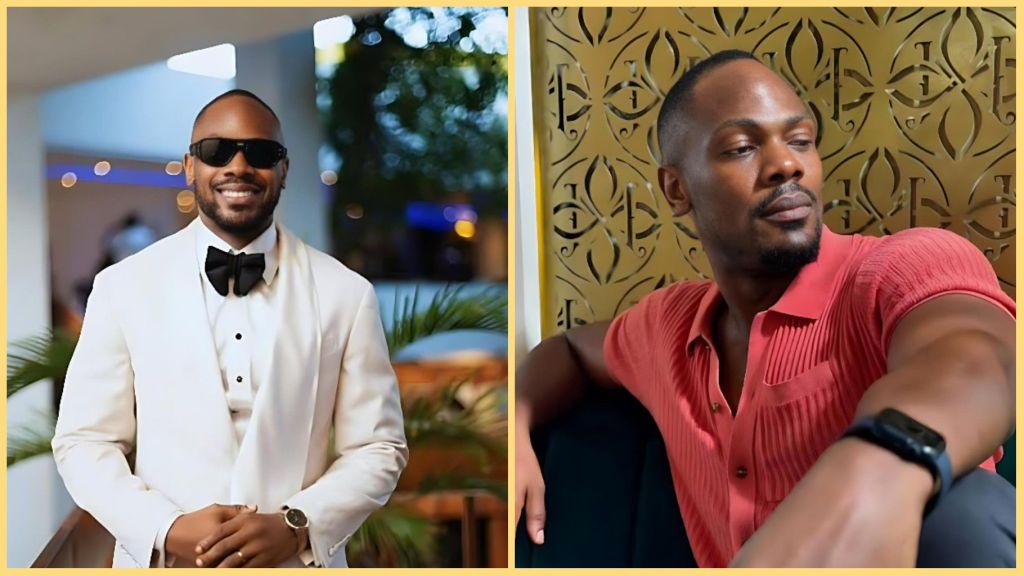 Side-by-side collage showing Nigerian actor Daniel Etim-Effiong in two different looks — on the left, wearing a white tuxedo with a black bow tie and sunglasses while smiling; on the right, dressed casually in a red shirt, looking away thoughtfully against a gold-patterned wall.