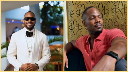 Side-by-side collage showing Nigerian actor Daniel Etim-Effiong in two different looks — on the left, wearing a white tuxedo with a black bow tie and sunglasses while smiling; on the right, dressed casually in a red shirt, looking away thoughtfully against a gold-patterned wall.
