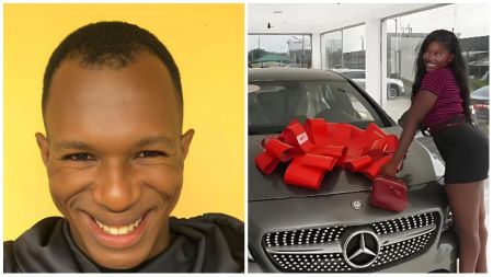 Social media critic Daniel Regha smiles in a close-up portrait against a yellow background, while media personality Raye poses beside her newly acquired Mercedes-Benz decorated with a large red bow.