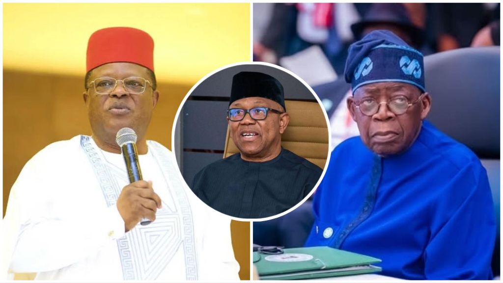 Collage showing David Umahi speaking into a microphone (left), Peter Obi in a dark outfit (centre inset), and Bola Tinubu seated in blue agbada (right).