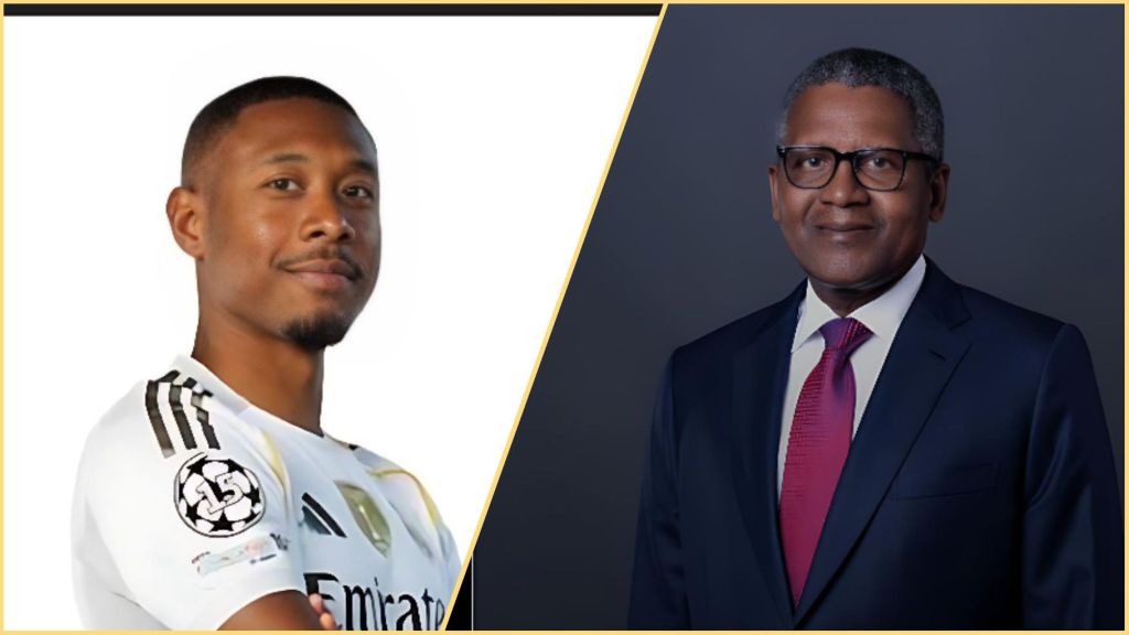 Side-by-side photo showing footballer David Alaba in a Real Madrid jersey and businessman Aliko Dangote in a navy suit and red tie, both facing the camera.