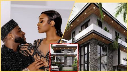 Davido and Chioma in an elegant portrait beside an image collage showing a luxury modern mansion said to be located in Banana Island, Lagos.