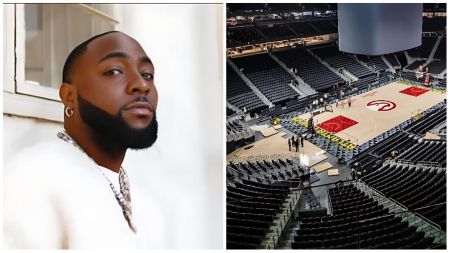 Split image showing Nigerian singer Davido on the left in a white outfit and neatly groomed beard, and the interior of State Farm Arena in Atlanta on the right with empty seats and basketball markings on the court.