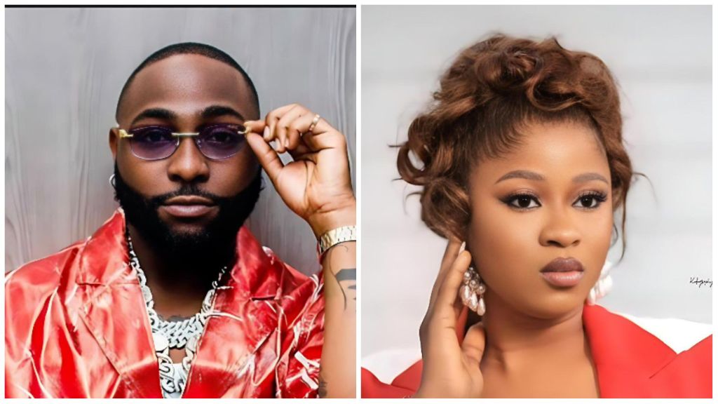Singer Davido and BBNaija Season 10 winner Imisi pictured side by side — Davido poses in a red satin outfit with sunglasses, while Imisi looks elegant in a red-and-white blazer with styled curls and statement earrings.
