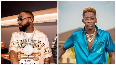Nigerian singer Davido and Ghanaian dancehall artist Shatta Wale are pictured in stylish portraits — Davido in a designer cream shirt layered with diamond chains, and Shatta Wale in a shiny teal shirt paired with bold jewellery.