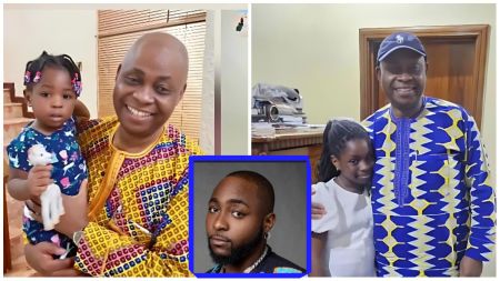 Davido’s father, Adedeji Adeleke, pictured with his granddaughters — holding one in his arms at home and posing with another in a separate setting, with an inset photo of Davido at the centre.